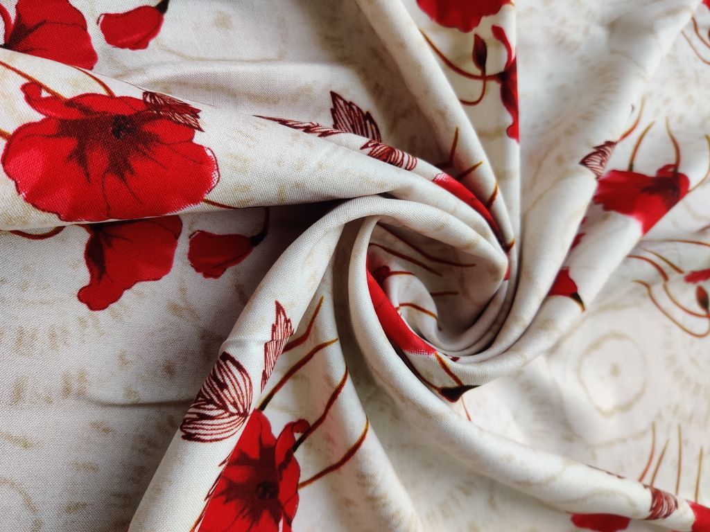 Off White Red Flowers Printed Rayon Fabric