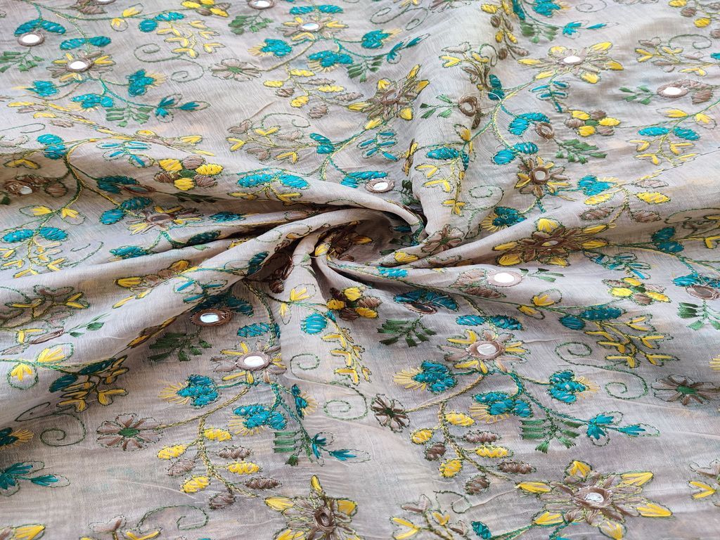 Beige Multicolour Flowers Mirror Work Embroidered Chanderi Fabric