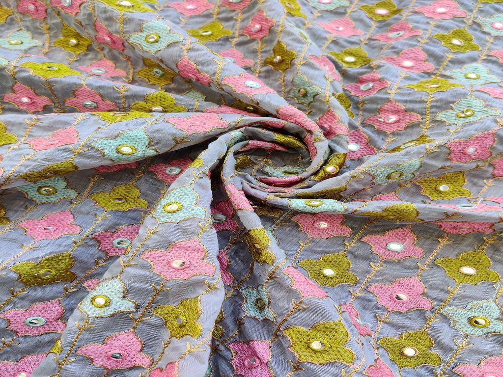 Gray Floral Thread and Faux Mirror Embroidered Chanderi Fabric