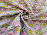 Gray Floral Thread and Faux Mirror Embroidered Chanderi Fabric