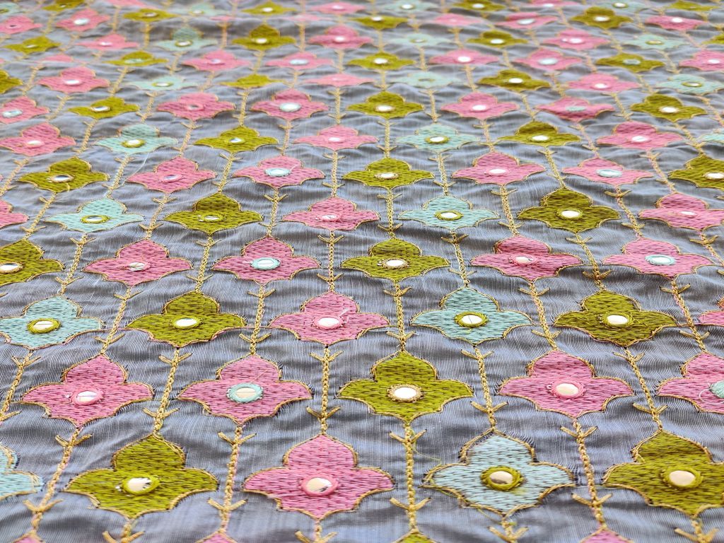 Gray Floral Thread and Faux Mirror Embroidered Chanderi Fabric