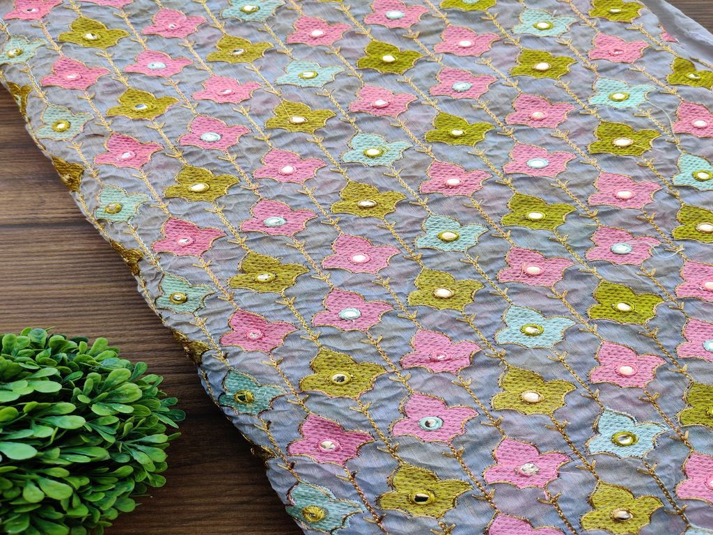 Gray Floral Thread and Faux Mirror Embroidered Chanderi Fabric