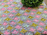 Gray Floral Thread and Faux Mirror Embroidered Chanderi Fabric