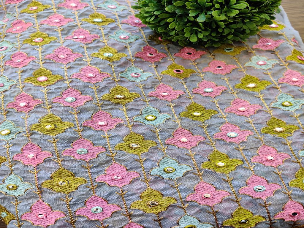 Gray Floral Thread and Faux Mirror Embroidered Chanderi Fabric