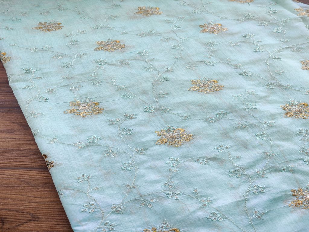 Sky Blue Sequins Flowers Embroidered Chanderi Fabric
