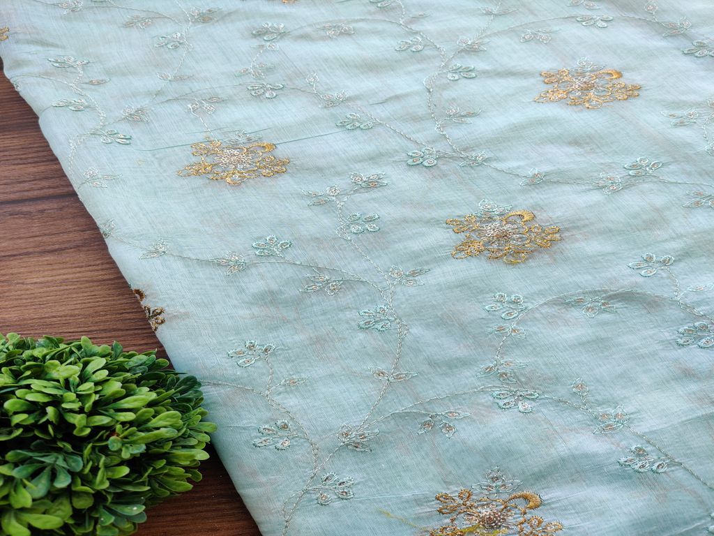 Sky Blue Sequins Flowers Embroidered Chanderi Fabric