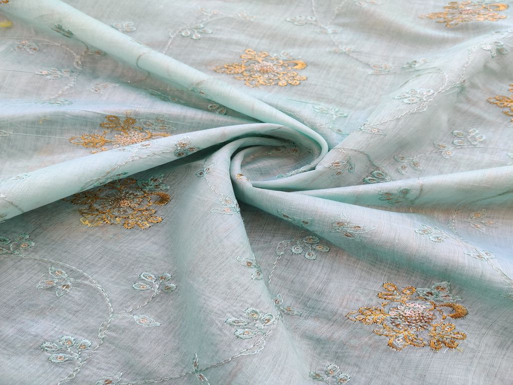 Sky Blue Sequins Flowers Embroidered Chanderi Fabric