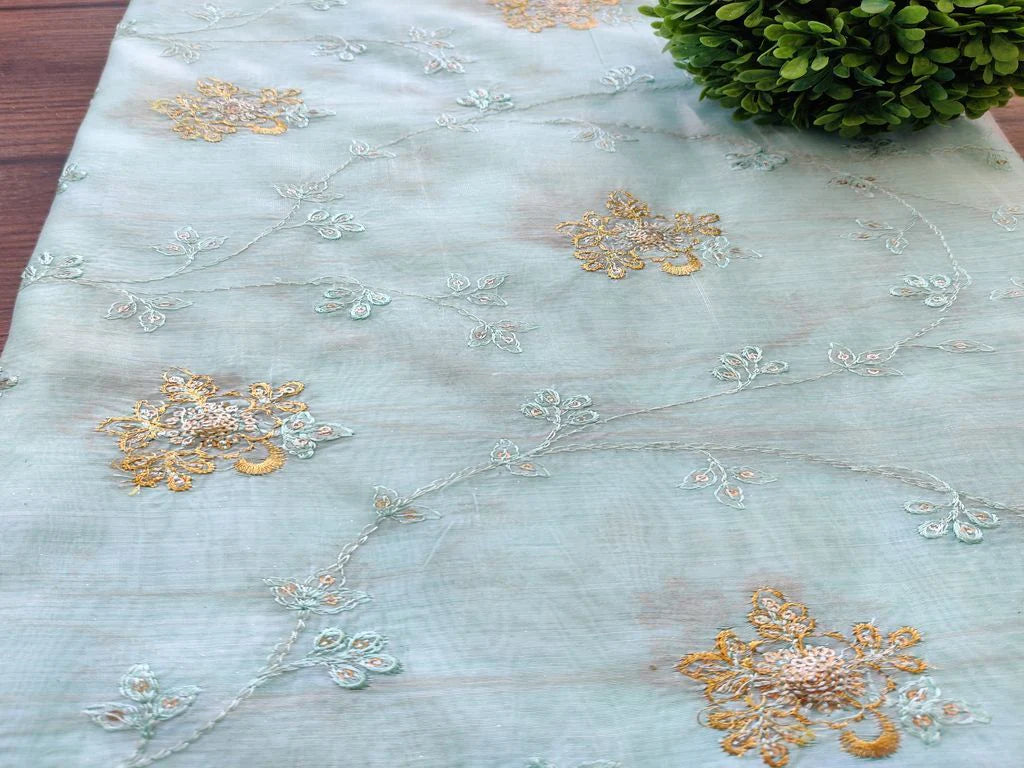 Sky Blue Sequins Flowers Embroidered Chanderi Fabric