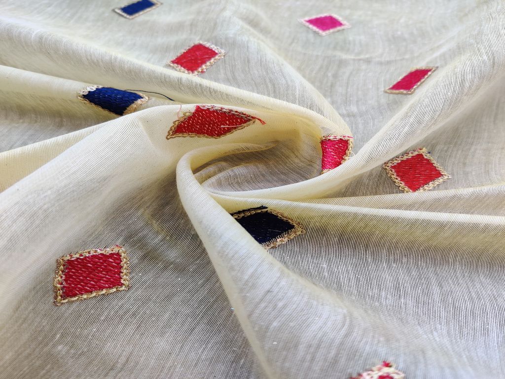 Yellow Multicolour Sequins Geometric Motifs Embroidered Chanderi Fabric