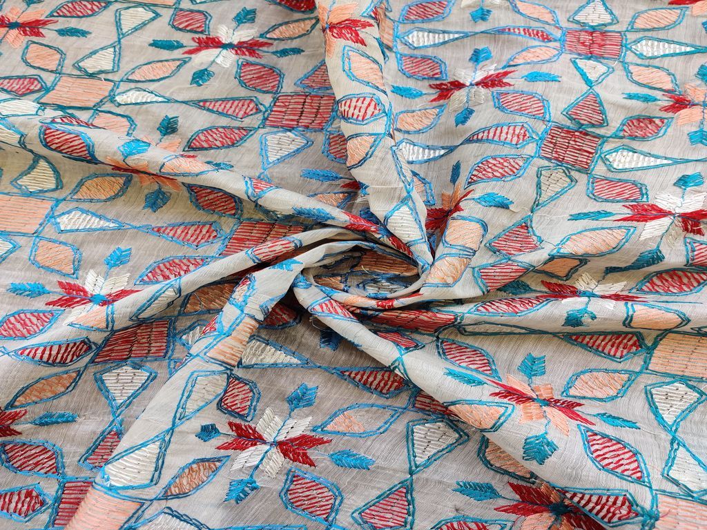 White Multicolour Floral Kantha Embroidered Chanderi Fabric