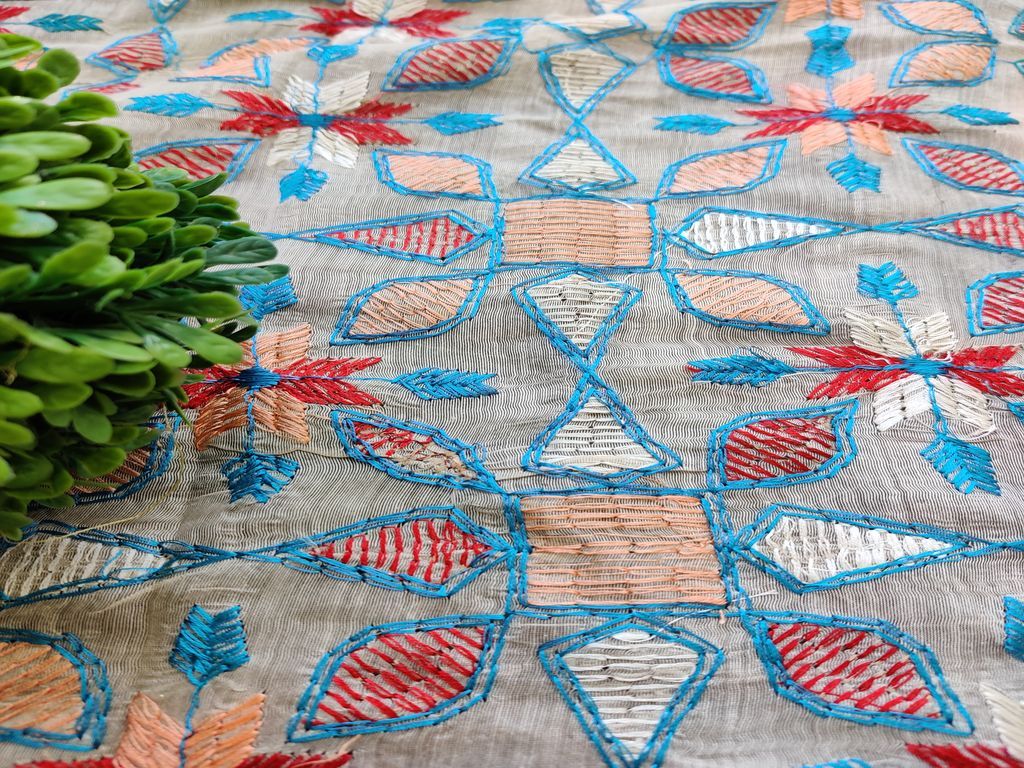 White Multicolour Floral Kantha Embroidered Chanderi Fabric