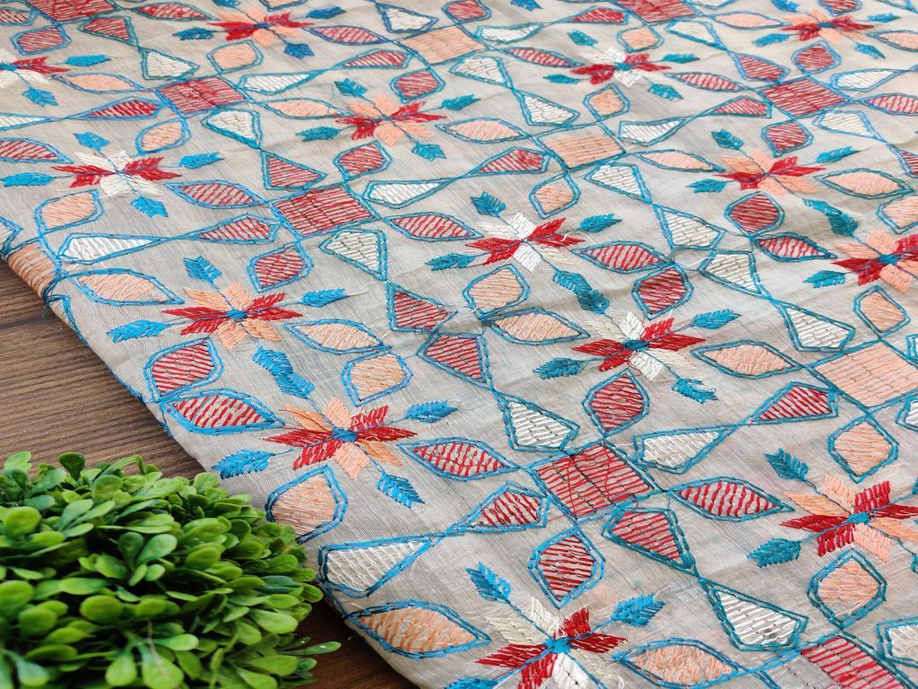 White Multicolour Floral Kantha Embroidered Chanderi Fabric