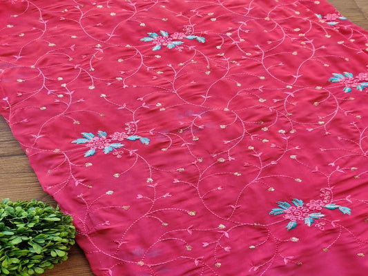 Pink Floral Sequins and Thread Work Embroidered Georgette Fabric