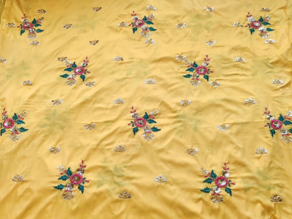 Yellow Flowers Sequins and Thread Work Embroidered Taffeta Silk Fabric