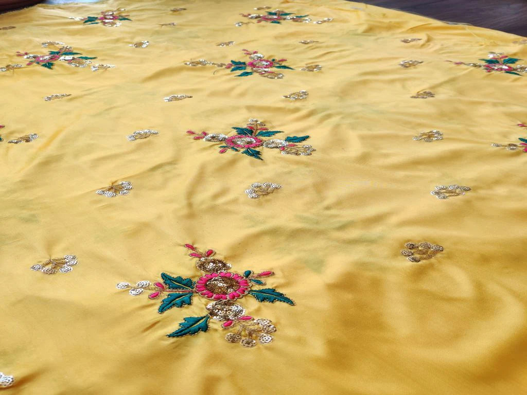 Yellow Flowers Sequins and Thread Work Embroidered Taffeta Silk Fabric