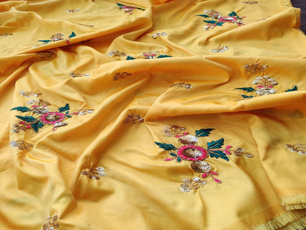 Yellow Flowers Sequins and Thread Work Embroidered Taffeta Silk Fabric