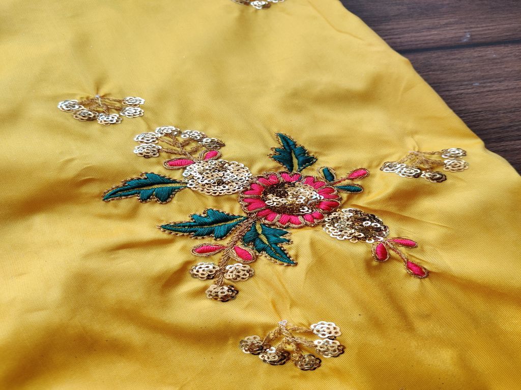 Yellow Flowers Sequins and Thread Work Embroidered Taffeta Silk Fabric
