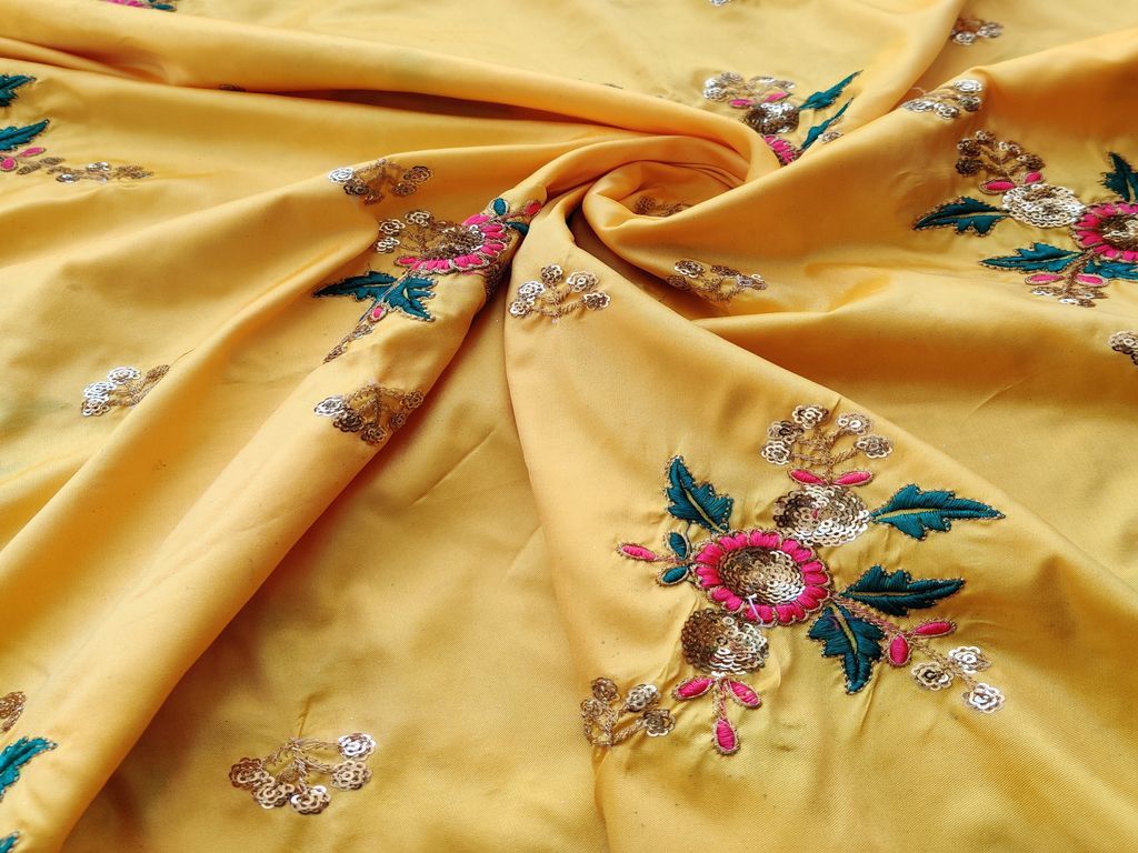 Yellow Flowers Sequins and Thread Work Embroidered Taffeta Silk Fabric