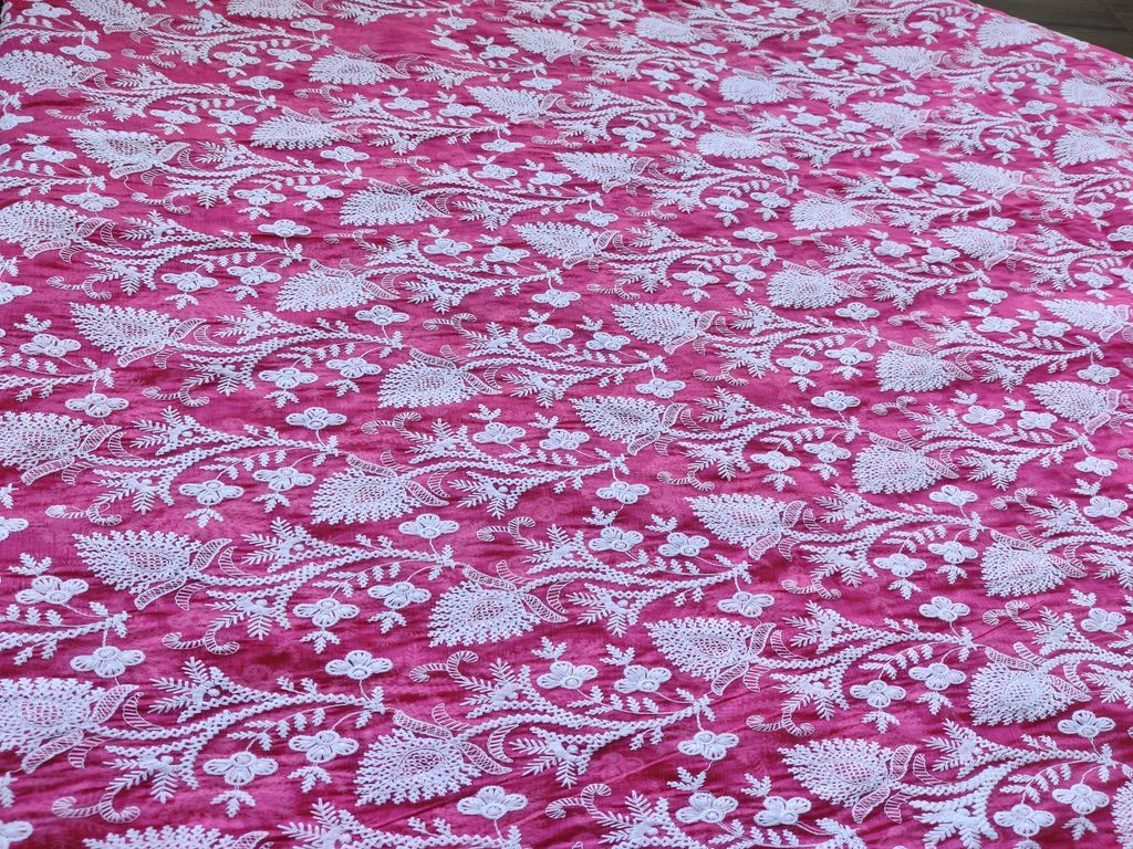 Bright Pink Chanderi With White Chikankari Work All Over