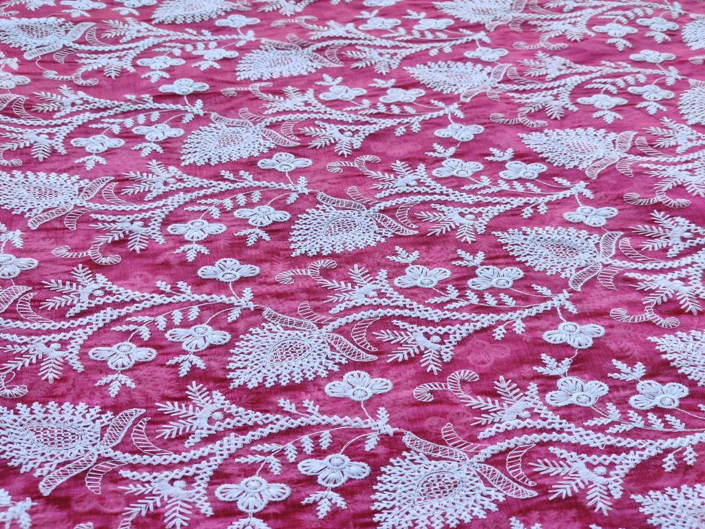 Bright Pink Chanderi With White Chikankari Work All Over