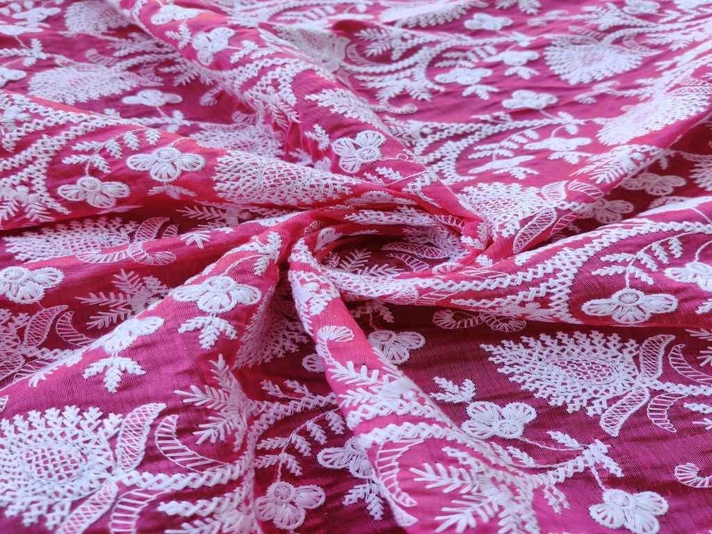 Bright Pink Chanderi With White Chikankari Work All Over