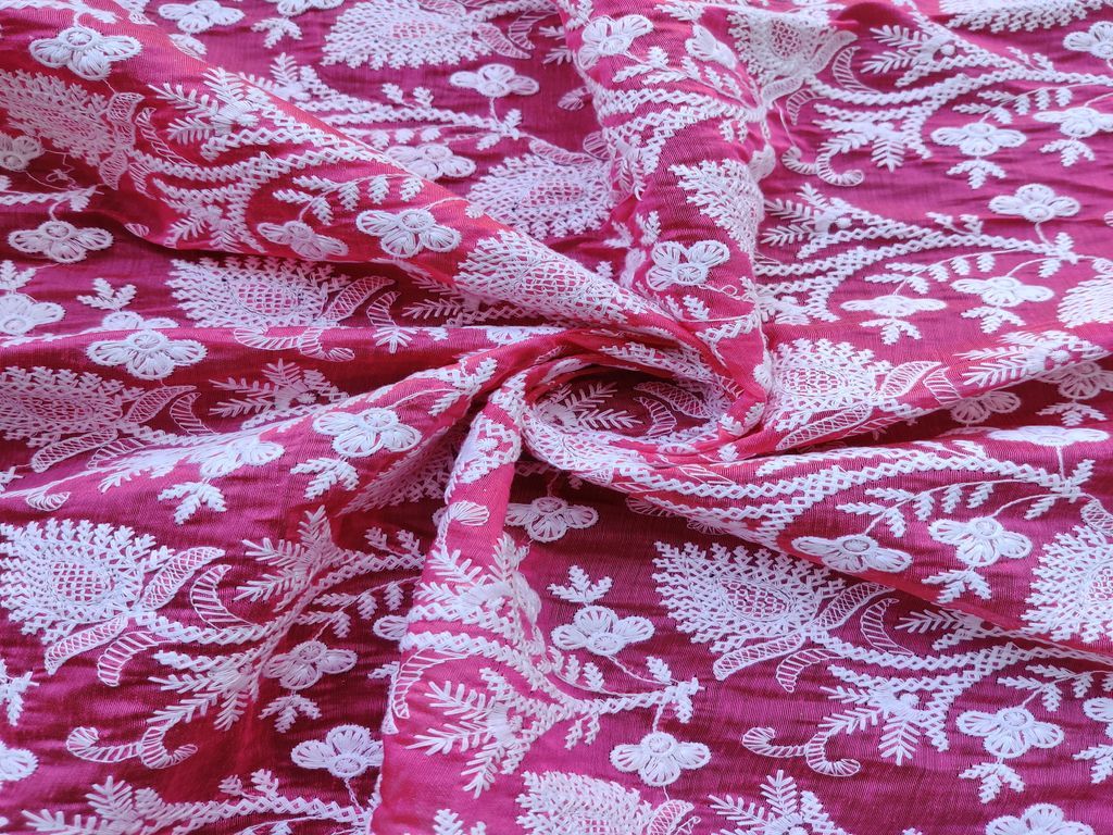 Bright Pink Chanderi With White Chikankari Work All Over