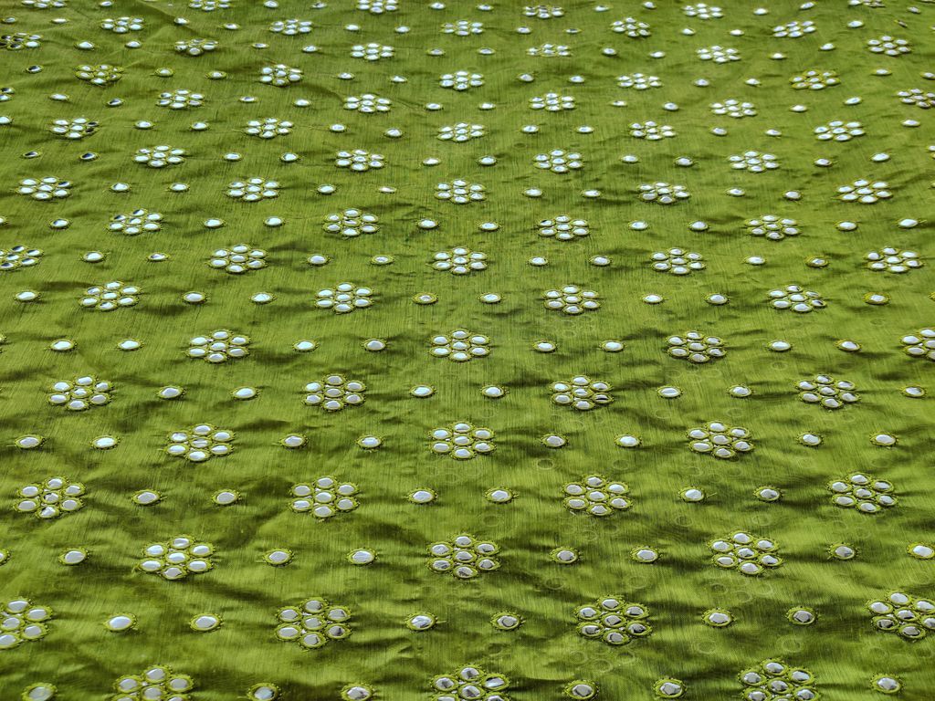 Green Silver Mirror Work Floral Embroidered Chanderi Fabric