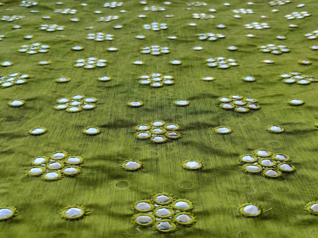 Green Silver Mirror Work Floral Embroidered Chanderi Fabric