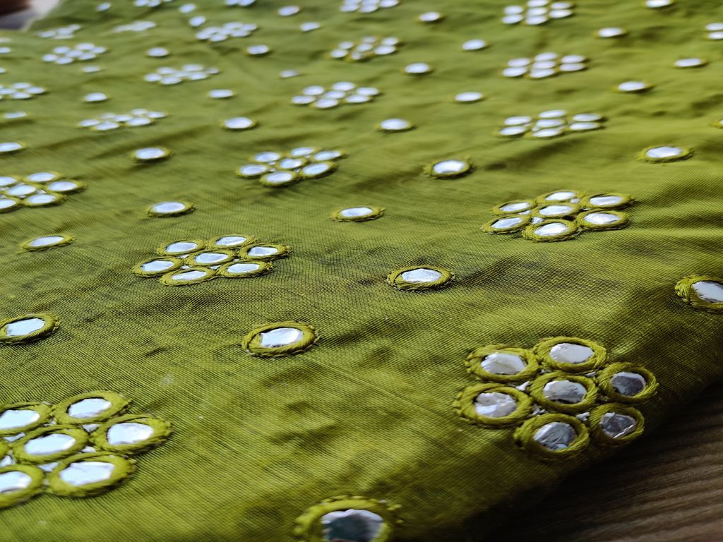 Green Silver Mirror Work Floral Embroidered Chanderi Fabric