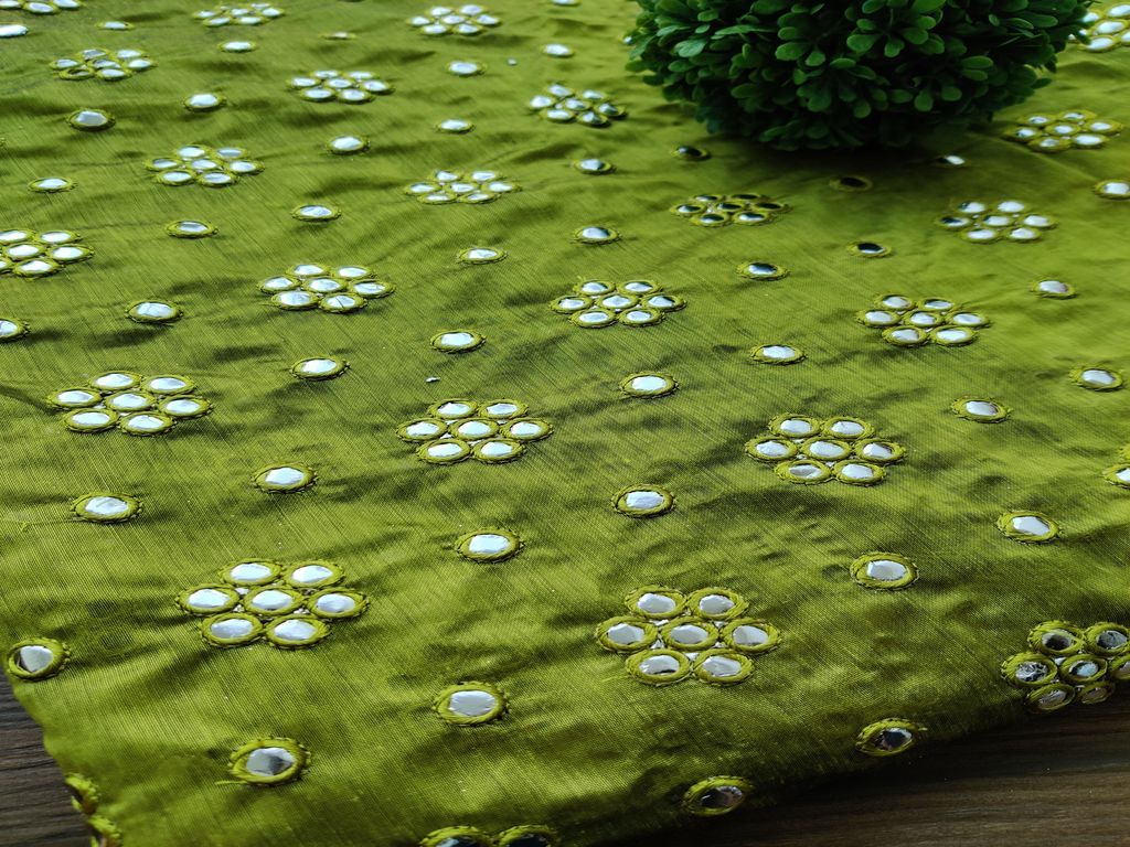 Green Silver Mirror Work Floral Embroidered Chanderi Fabric