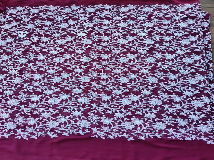Maroon White Flowers Chikankari Embroidered Georgette Fabric