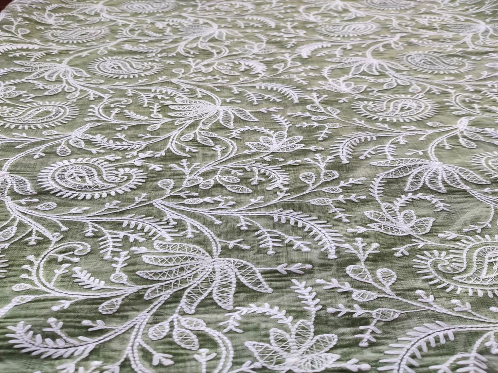 Sage Green Flowers Lakhnawi Embroidered Chanderi Fabric