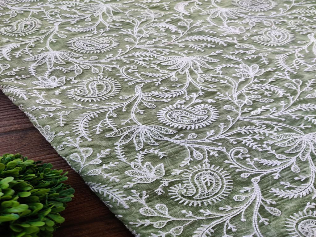 Sage Green Flowers Lakhnawi Embroidered Chanderi Fabric