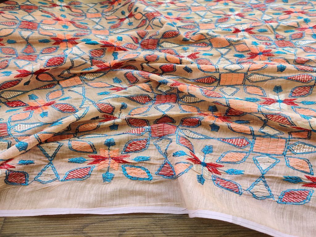 Peach Multicolour Kantha Work Flowers Embroidered Chanderi Fabric
