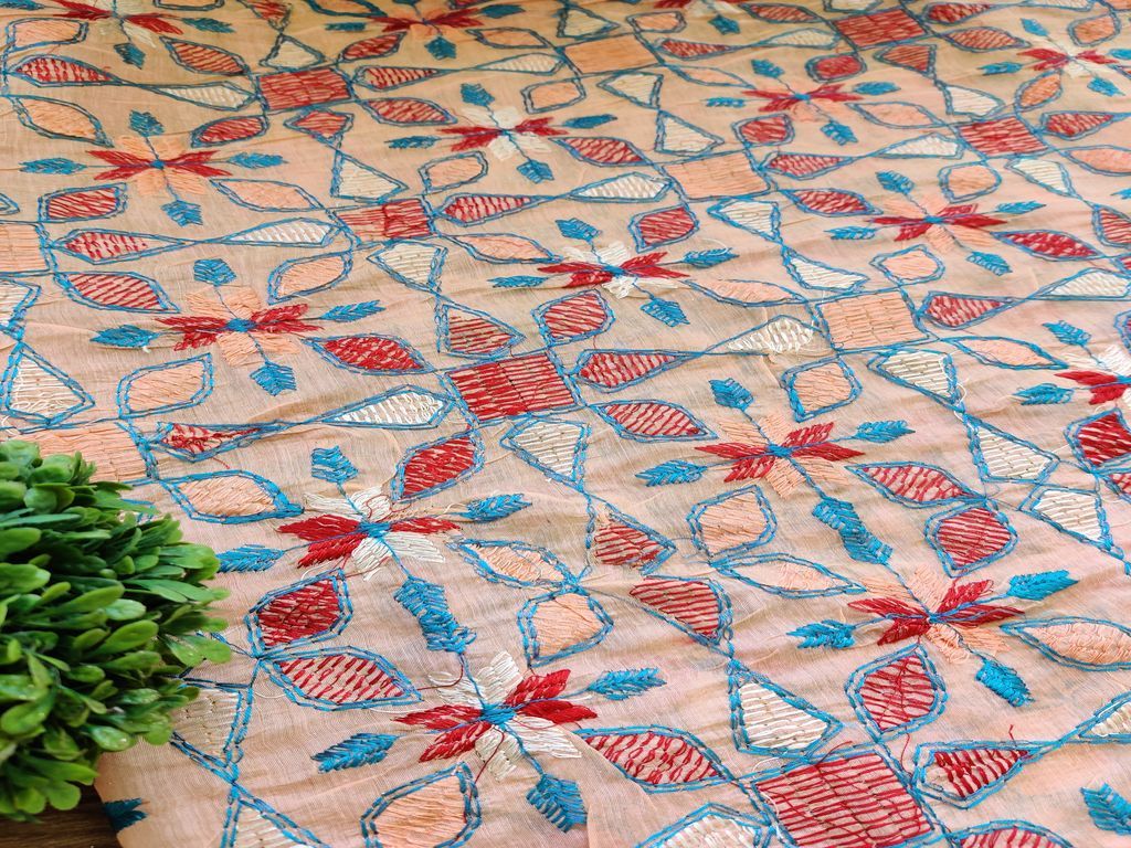 Peach Multicolour Kantha Work Flowers Embroidered Chanderi Fabric