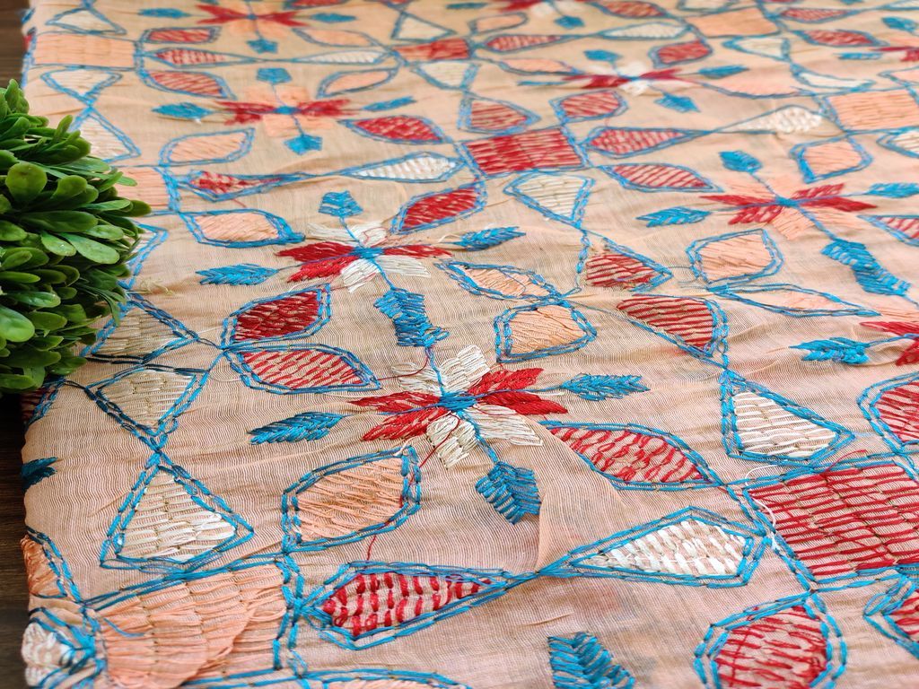 Peach Multicolour Kantha Work Flowers Embroidered Chanderi Fabric