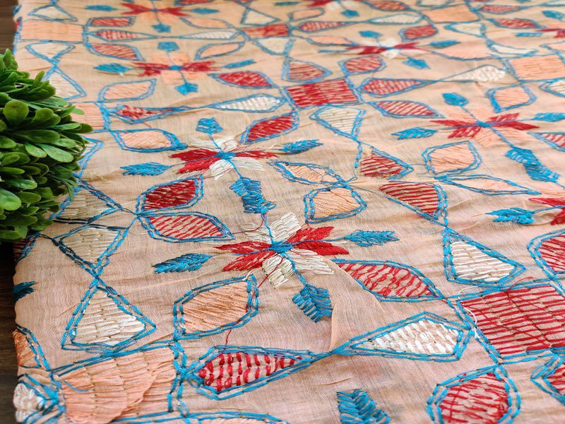 Peach Multicolour Kantha Work Flowers Embroidered Chanderi Fabric