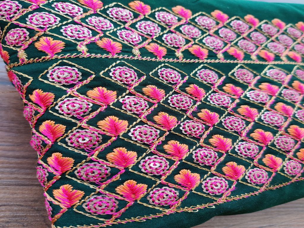 Bottle Green Multicolour Thread and Sequins Work Embroidered Border