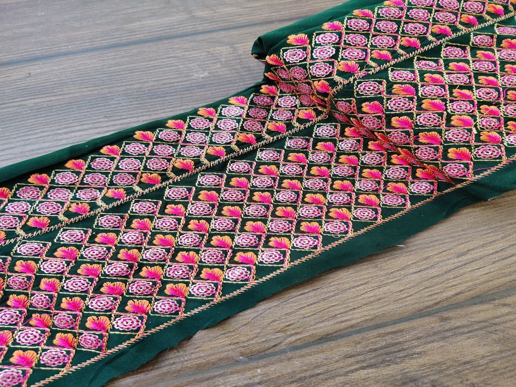 Bottle Green Multicolour Thread and Sequins Work Embroidered Border
