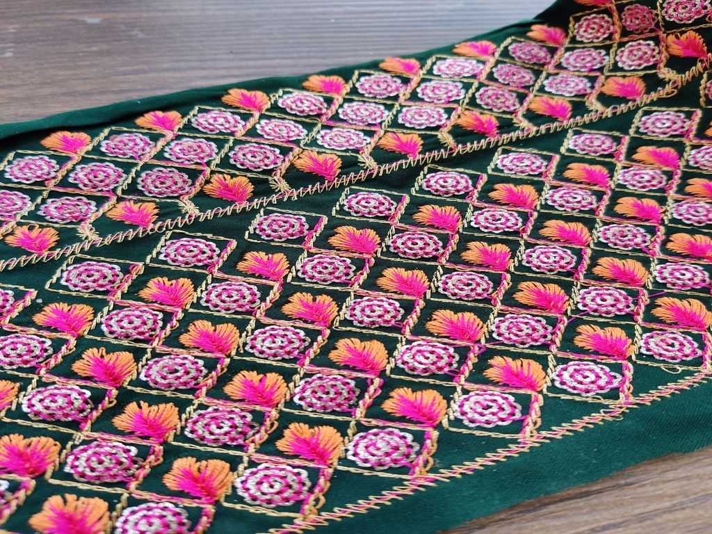 Bottle Green Multicolour Thread and Sequins Work Embroidered Border