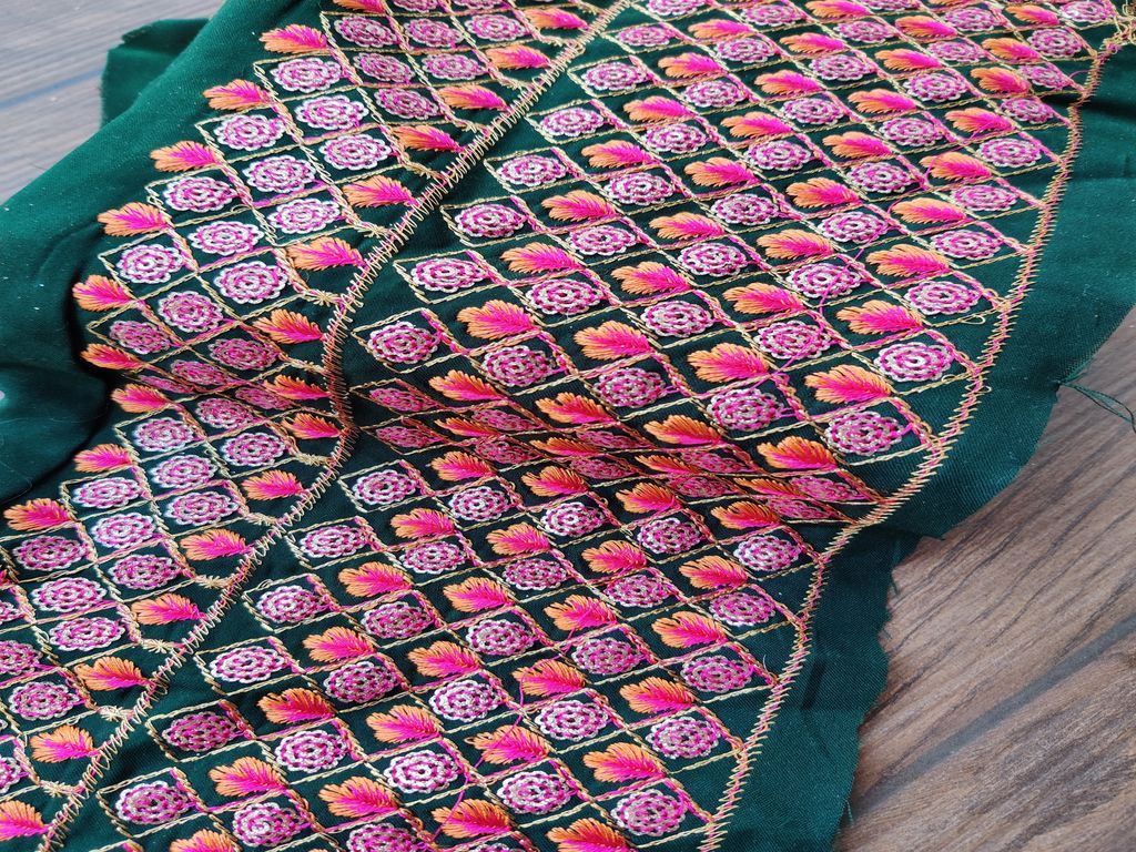 Bottle Green Multicolour Thread and Sequins Work Embroidered Border