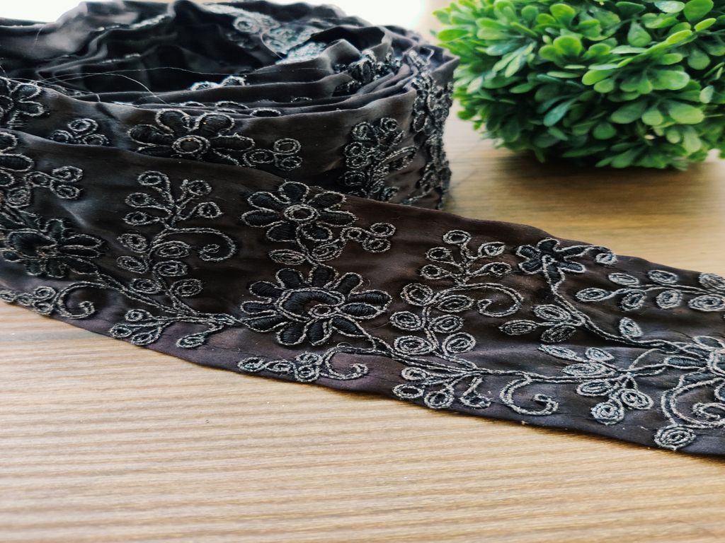 Black Gray Thread Work Embroidered Border