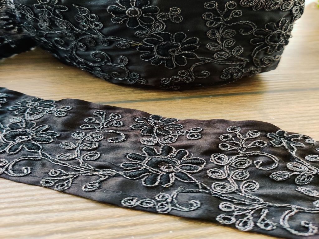 Black Gray Thread Work Embroidered Border