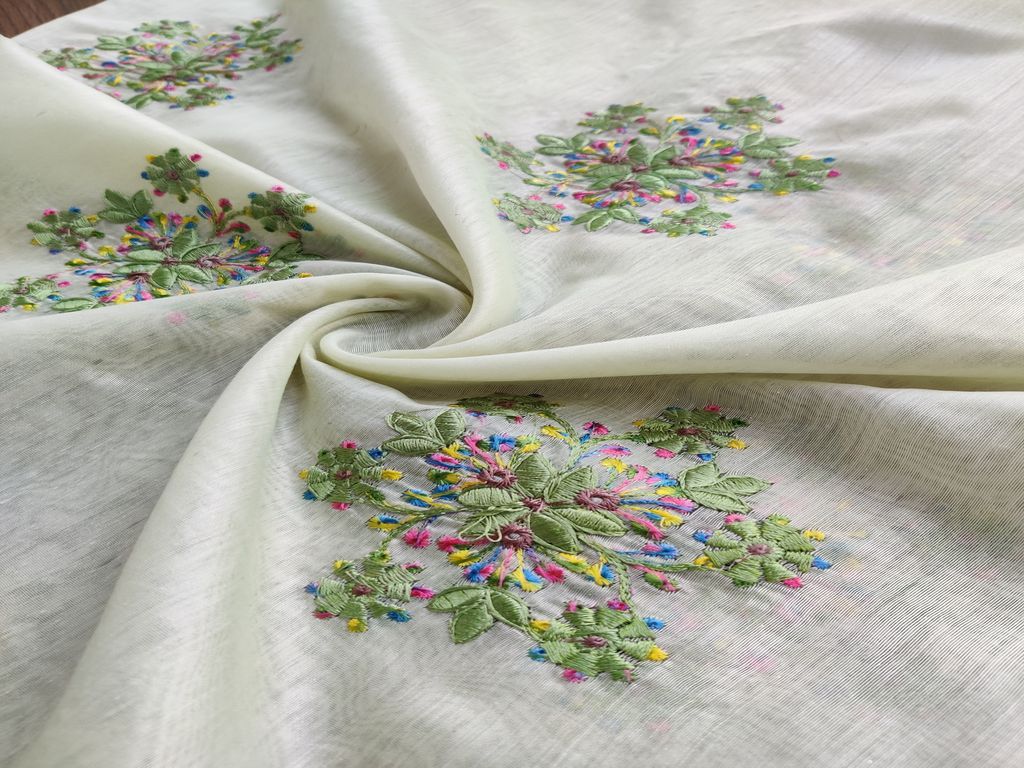 Light Green Floral Embroidered Chanderi Fabric