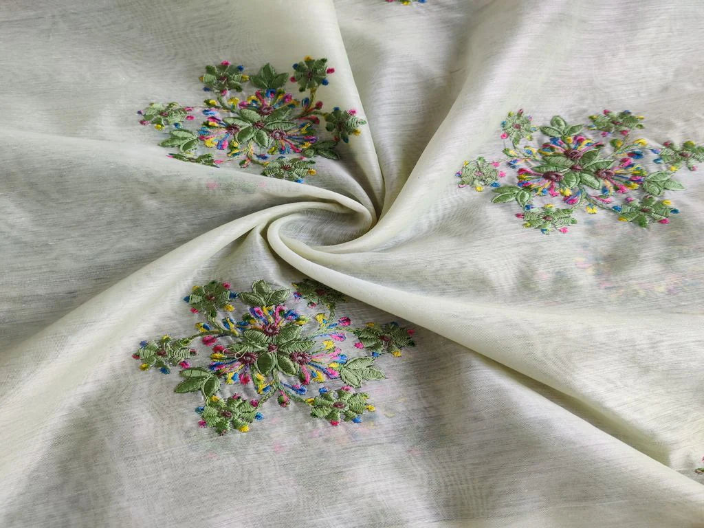 Light Green Floral Embroidered Chanderi Fabric