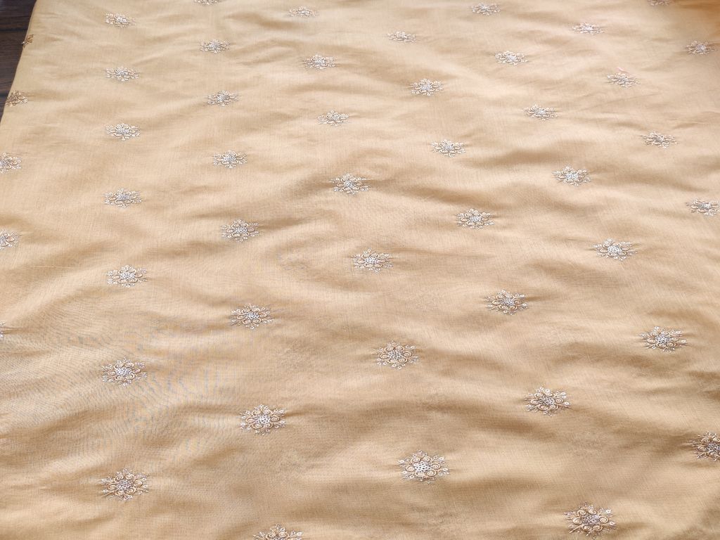 Beige Golden Floral Motifs Sequins Thread Embroidered Chanderi Fabric