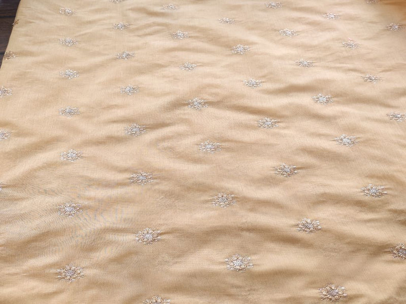 Beige Golden Floral Motifs Sequins Thread Embroidered Chanderi Fabric