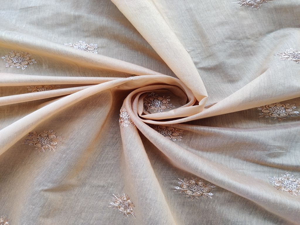 Beige Golden Floral Motifs Sequins Thread Embroidered Chanderi Fabric