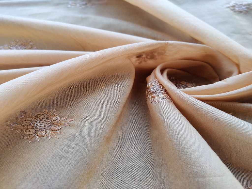 Beige Golden Floral Motifs Sequins Thread Embroidered Chanderi Fabric