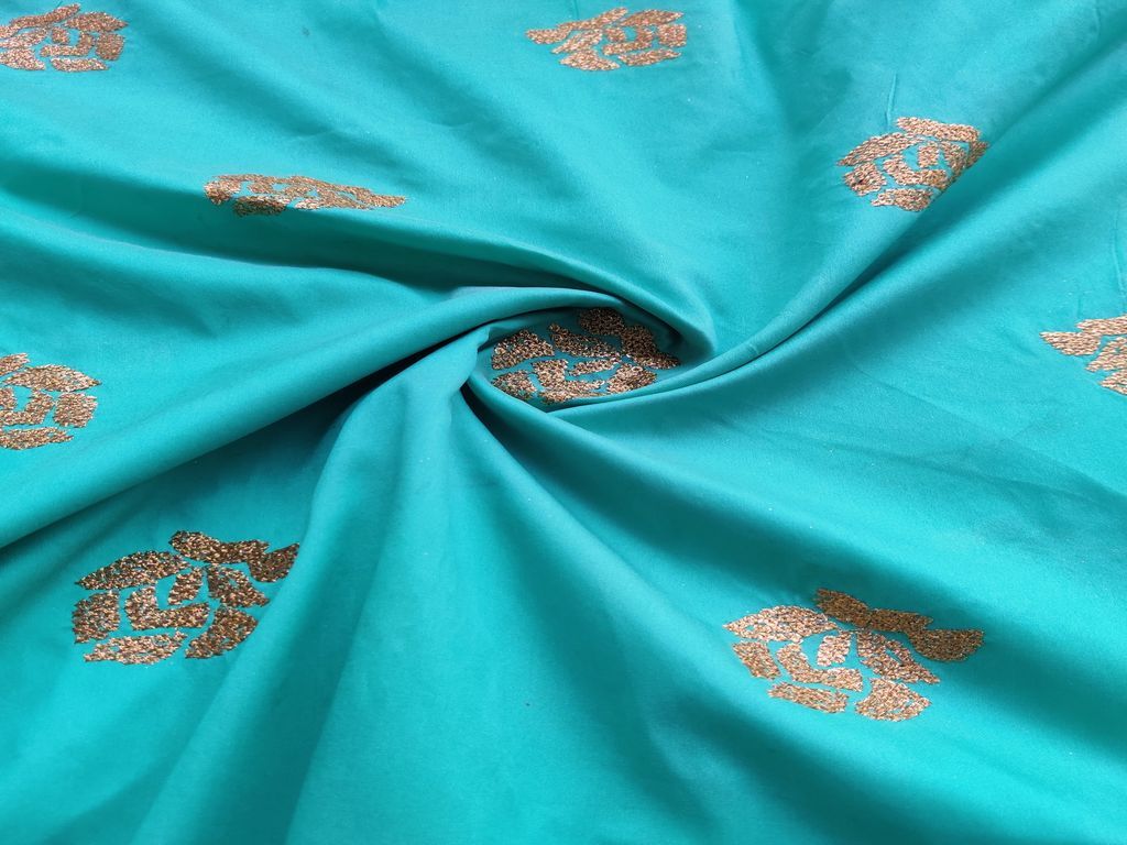 Turquoise Green Gold Sequins Floral Embroidered Motifs Taffeta Silk Fabric